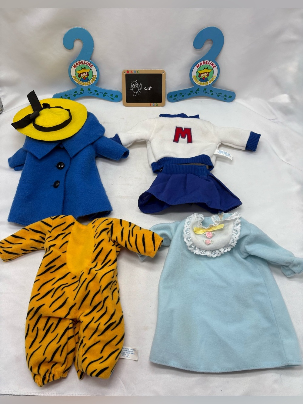 Madeline Doll Blue Coat Yellow Hat Cheerleader PJs Costume Outfit Lot Hangers